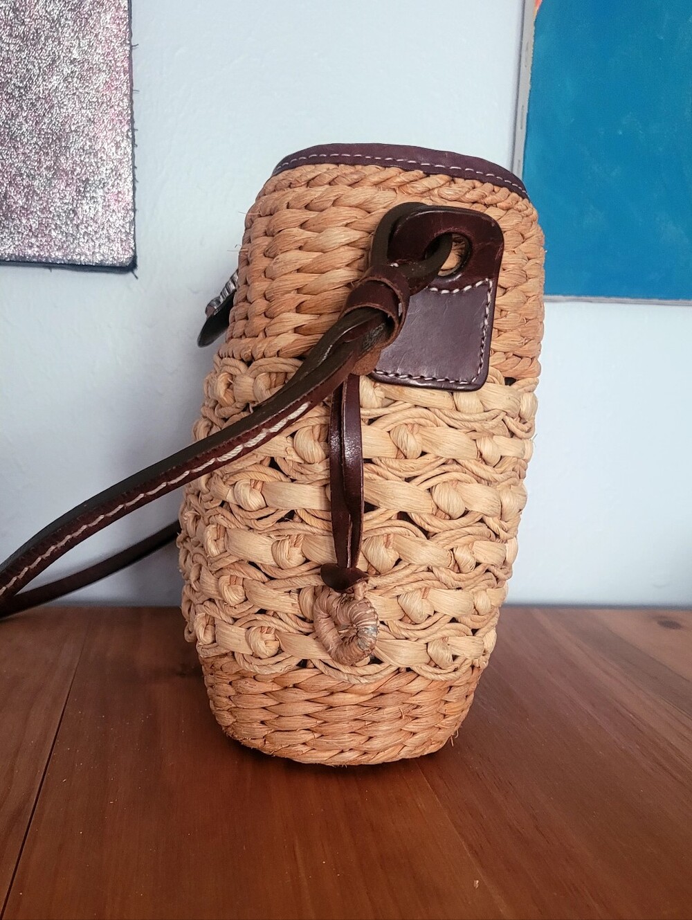 Brighton Vintage Straw Woven Shoulder Bag Brown Croc Leather W/Heart Charm - Picture 5 of 7
